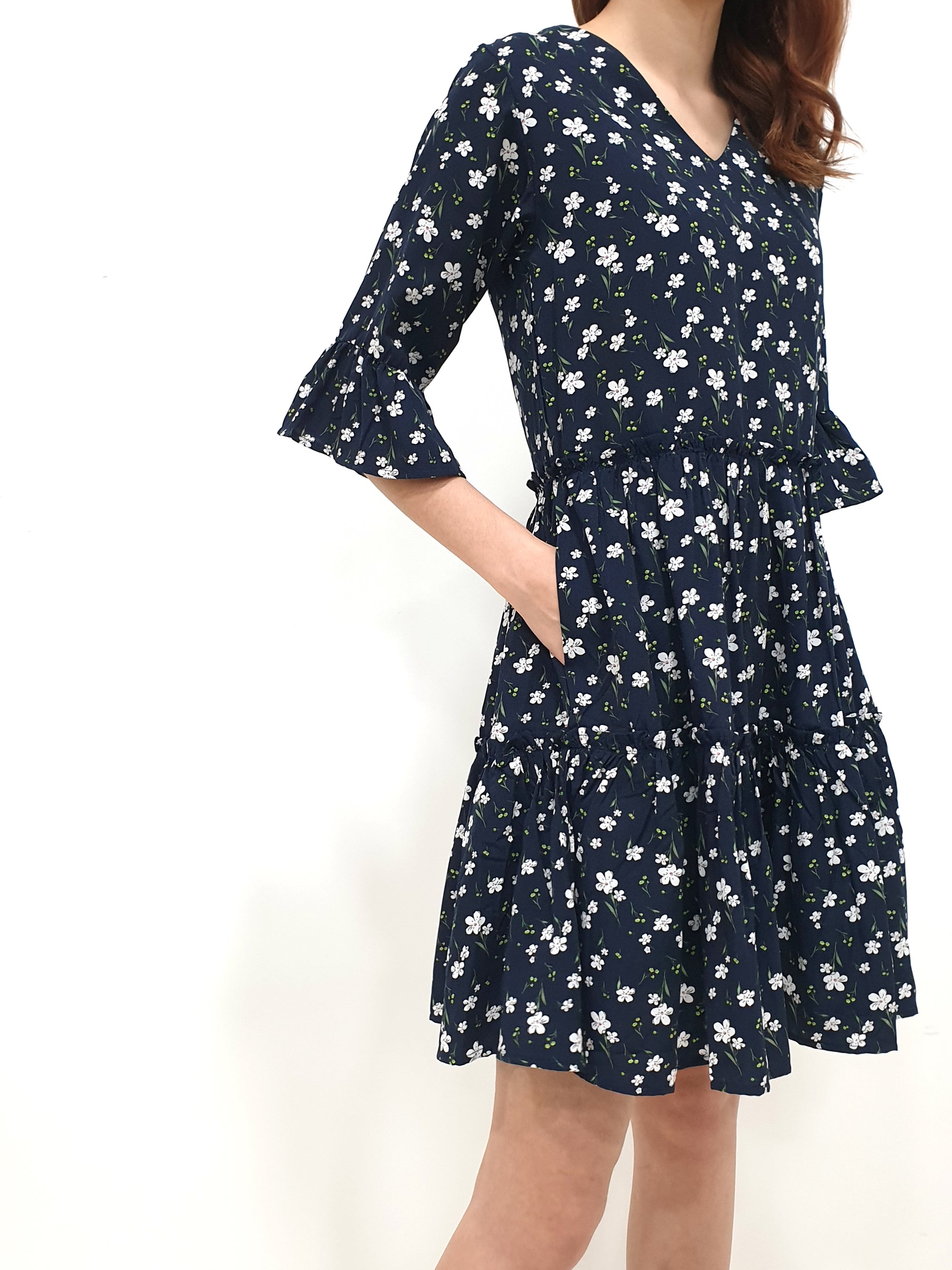 Flower Gathered Tier Dress - Navy (Non-returnable) - Ferlicious