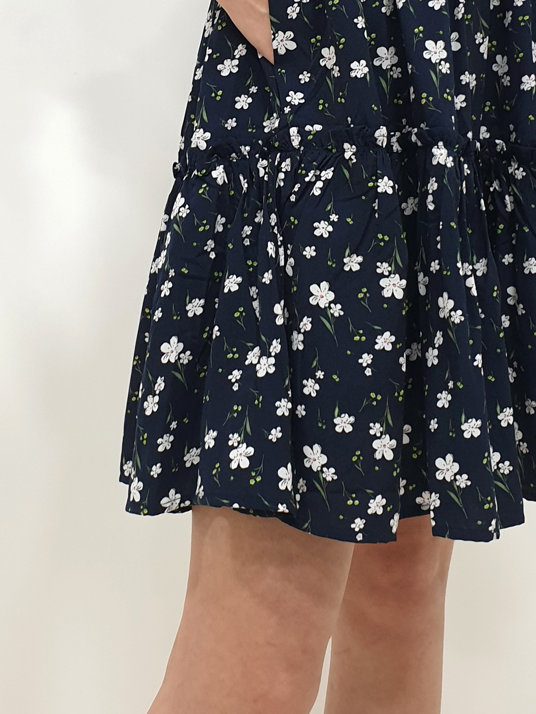 Flower Gathered Tier Dress - Navy (Non-returnable) - Ferlicious