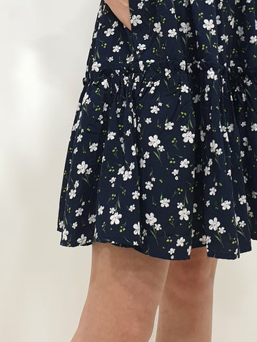 Flower Gathered Tier Dress - Navy (Non-returnable) - Ferlicious