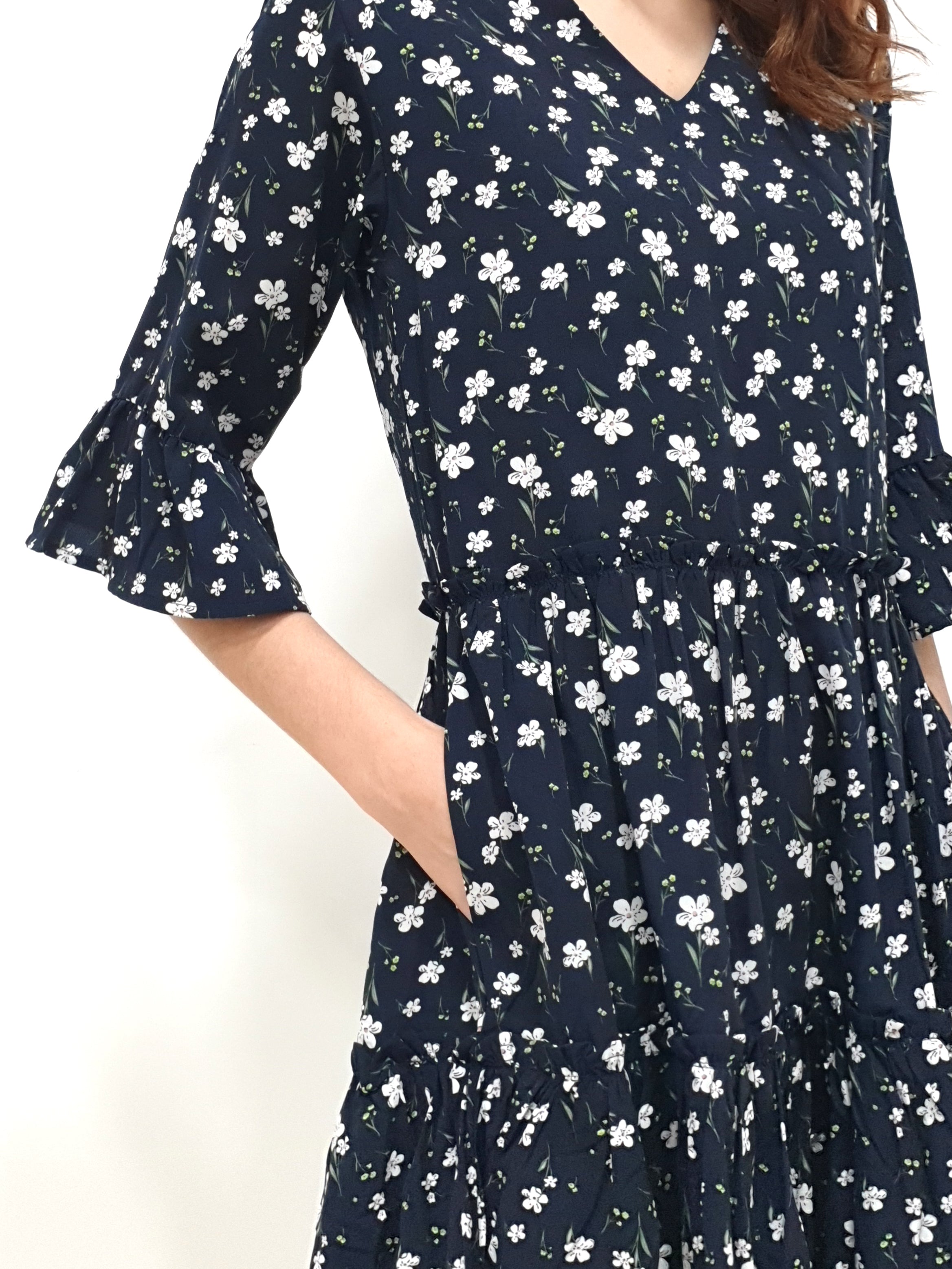 Flower Gathered Tier Dress - Navy (Non-returnable) - Ferlicious