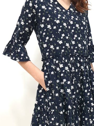 Flower Gathered Tier Dress - Navy (Non-returnable) - Ferlicious