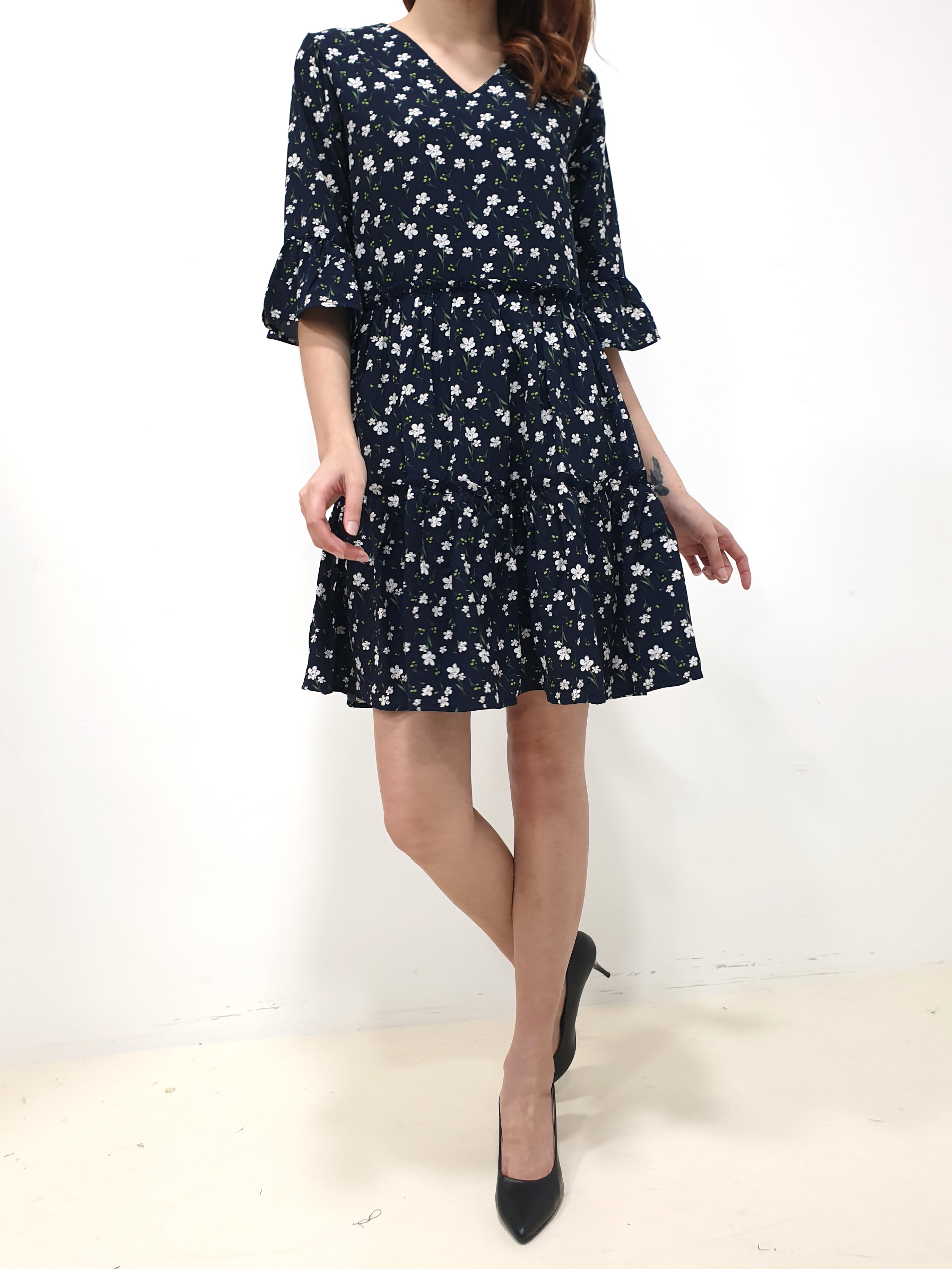 Flower Gathered Tier Dress - Navy (Non-returnable) - Ferlicious