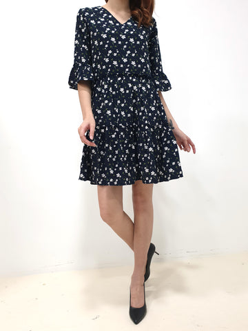Flower Gathered Tier Dress - Navy (Non-returnable) - Ferlicious