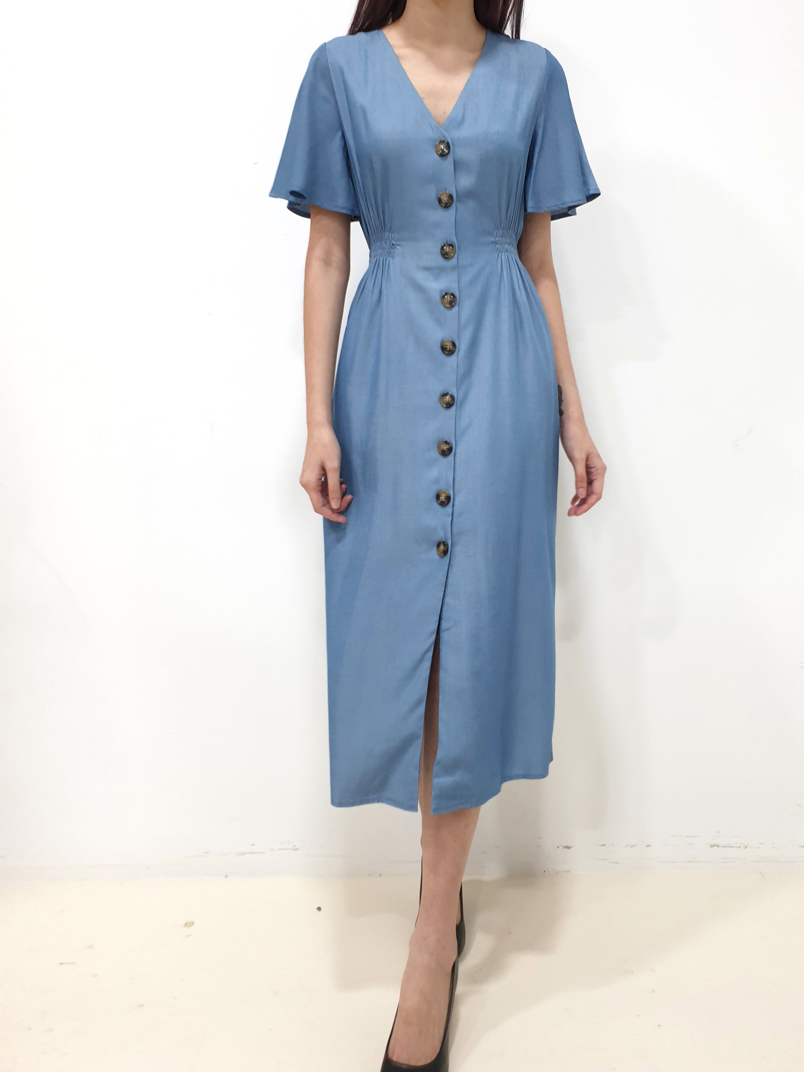 Flutter Sleeve Button Down Dress - Blue (Non-returnable) - Ferlicious