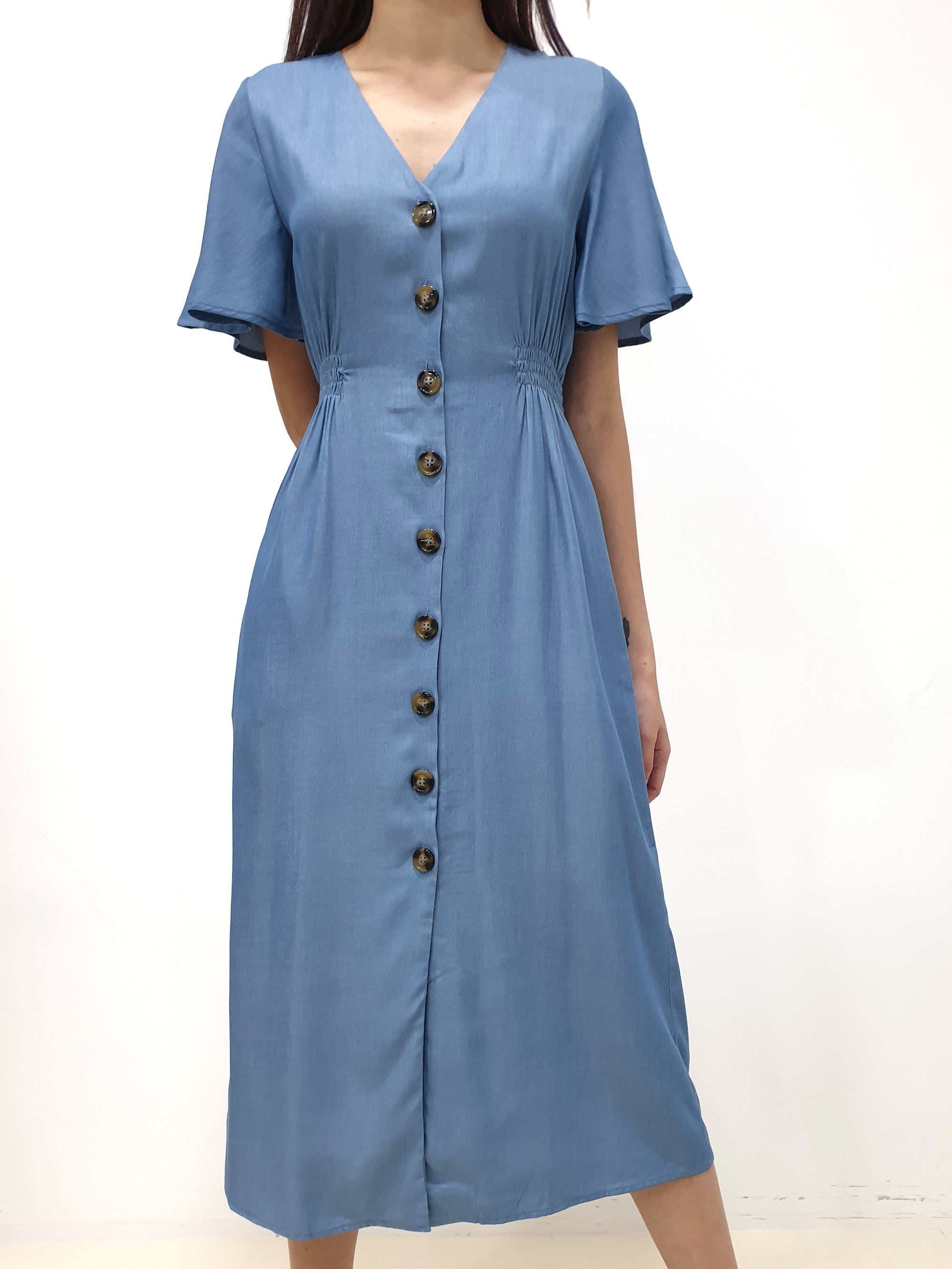 Flutter Sleeve Button Down Dress - Blue (Non-returnable) - Ferlicious