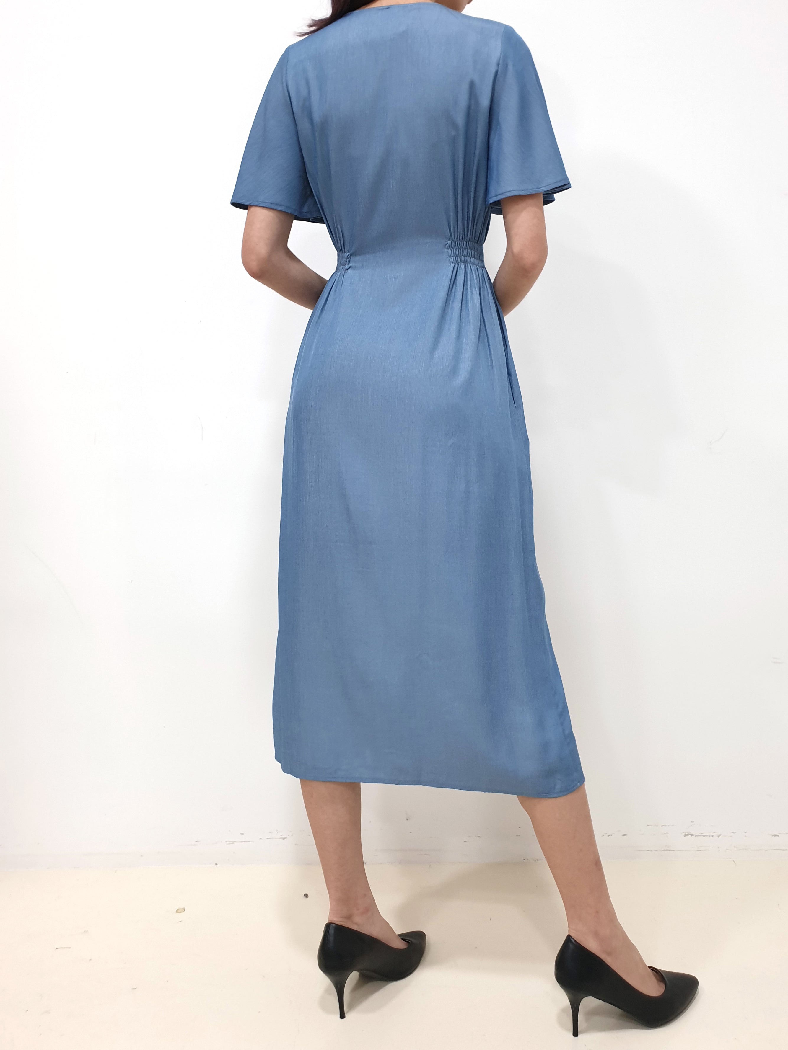 Flutter Sleeve Button Down Dress - Blue (Non-returnable) - Ferlicious