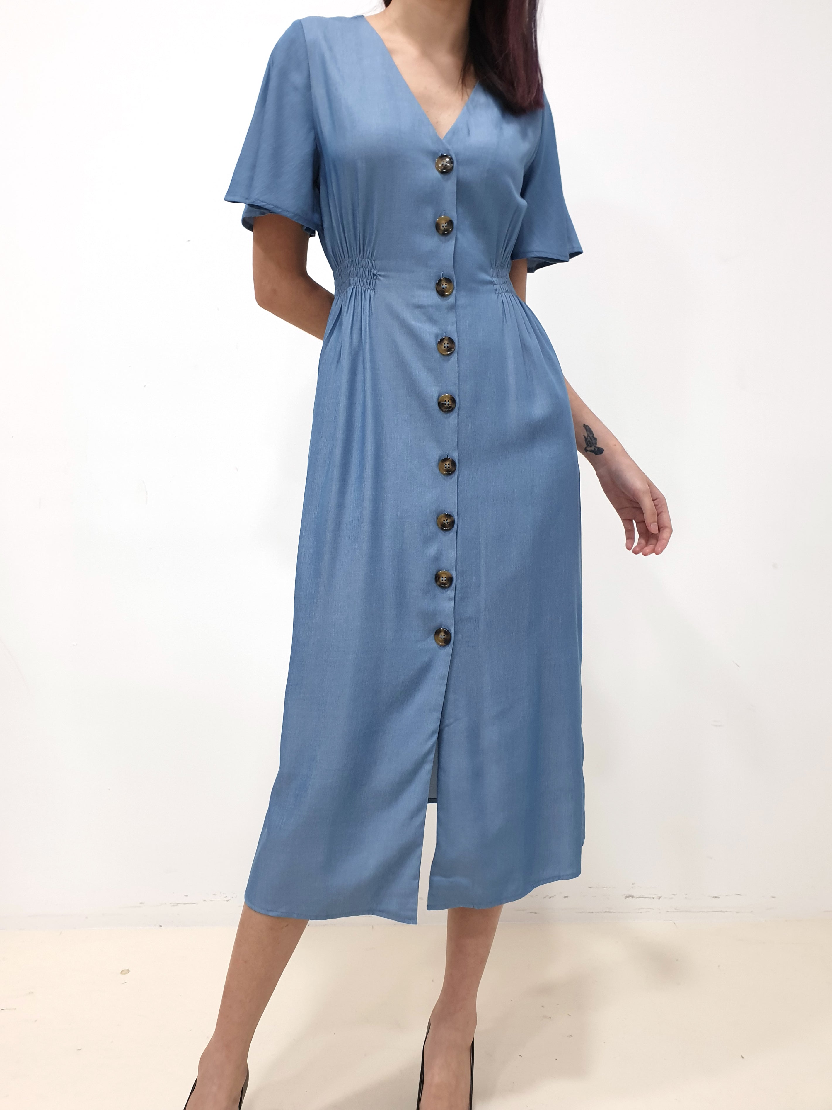 Flutter Sleeve Button Down Dress - Blue (Non-returnable) - Ferlicious