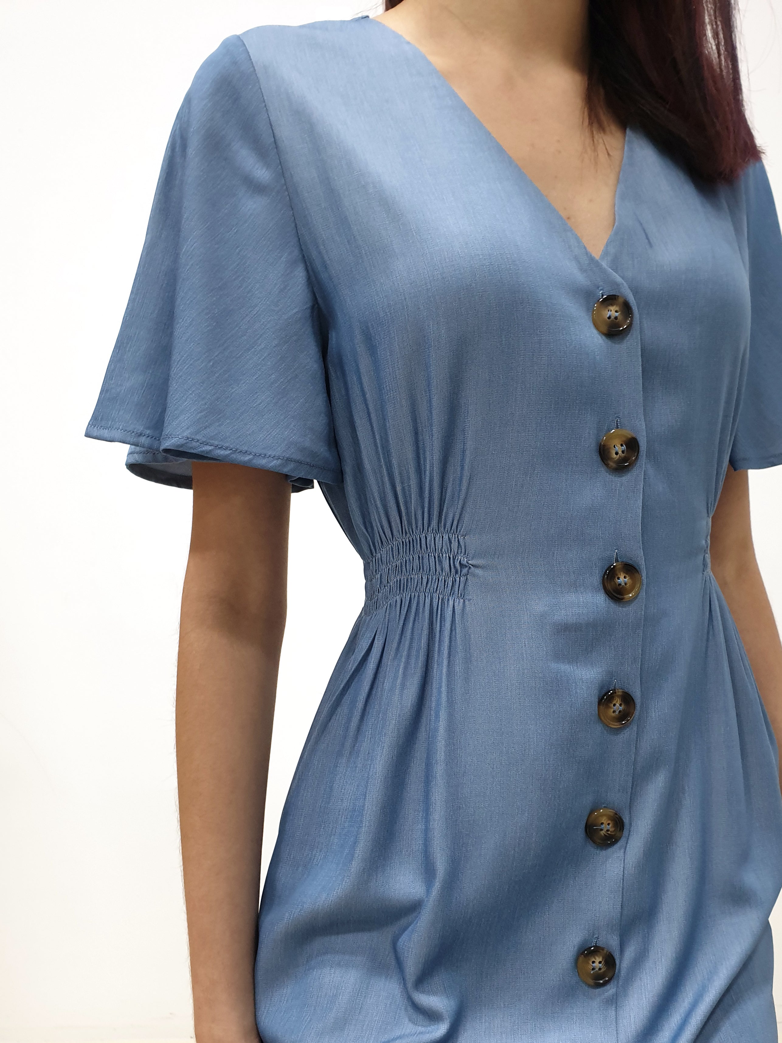 Flutter Sleeve Button Down Dress - Blue (Non-returnable) - Ferlicious