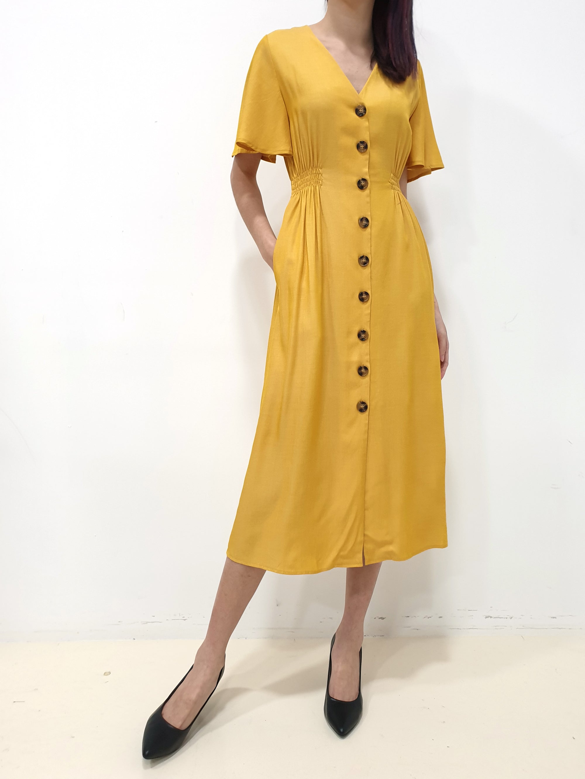 Flutter Sleeve Button Down Dress - Yellow (Non-returnable) - Ferlicious