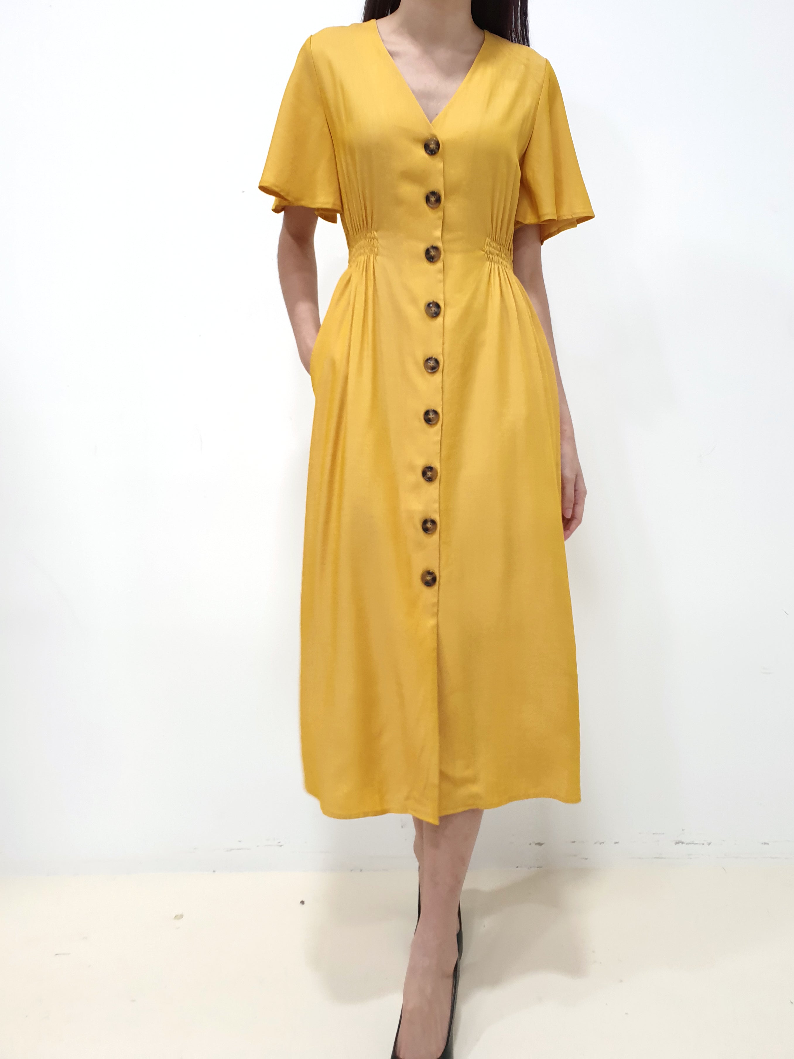 Flutter Sleeve Button Down Dress - Yellow (Non-returnable) - Ferlicious