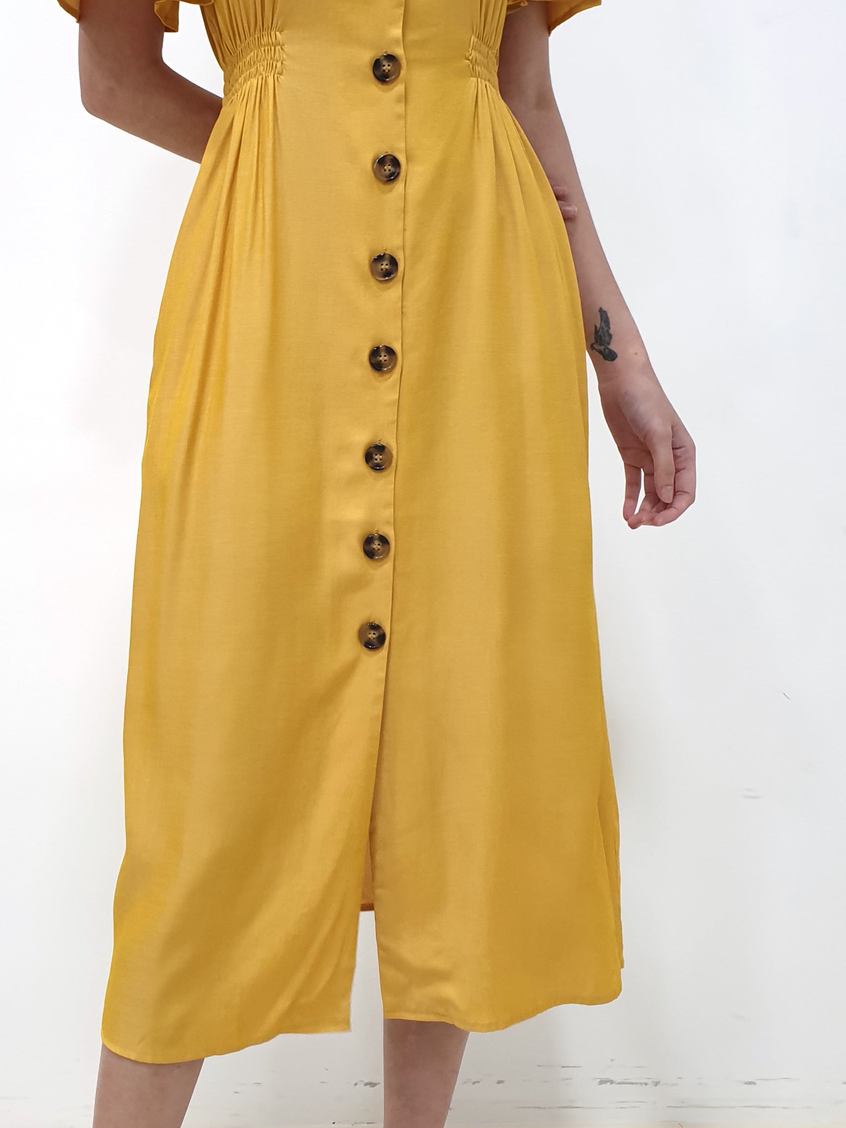 Flutter Sleeve Button Down Dress - Yellow (Non-returnable) - Ferlicious