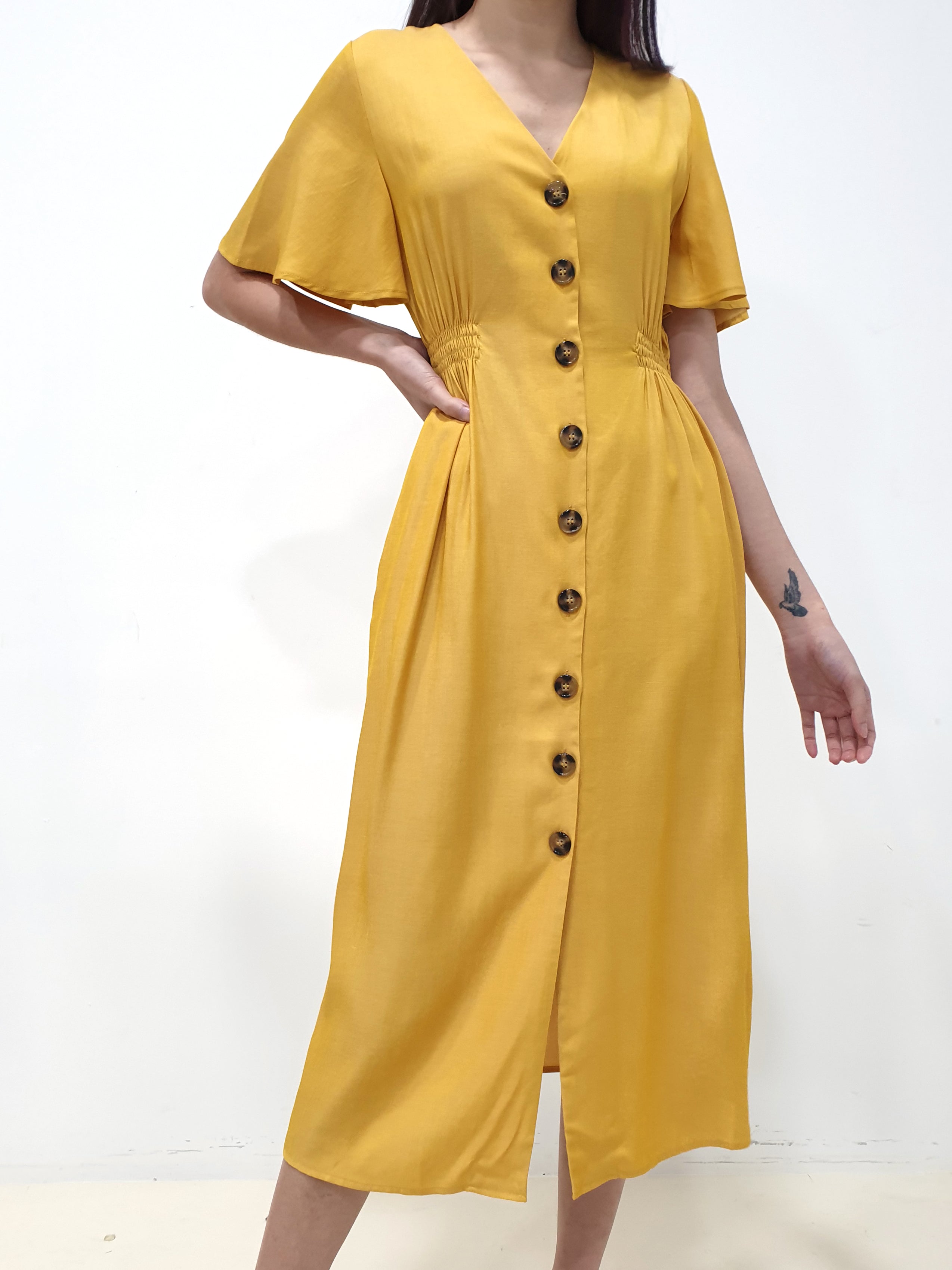 Flutter Sleeve Button Down Dress - Yellow (Non-returnable) - Ferlicious