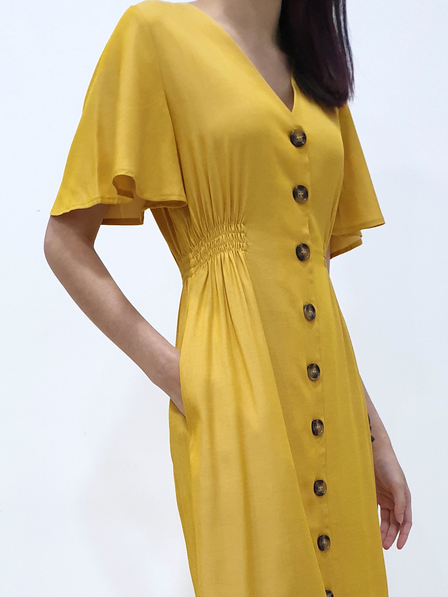 Flutter Sleeve Button Down Dress - Yellow (Non-returnable) - Ferlicious