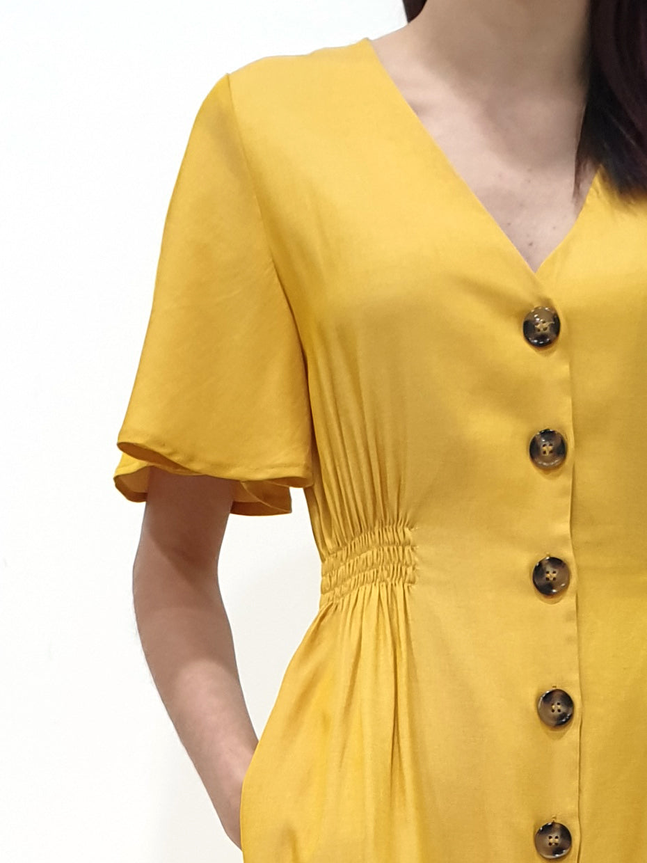 Flutter Sleeve Button Down Dress - Yellow (Non-returnable) - Ferlicious