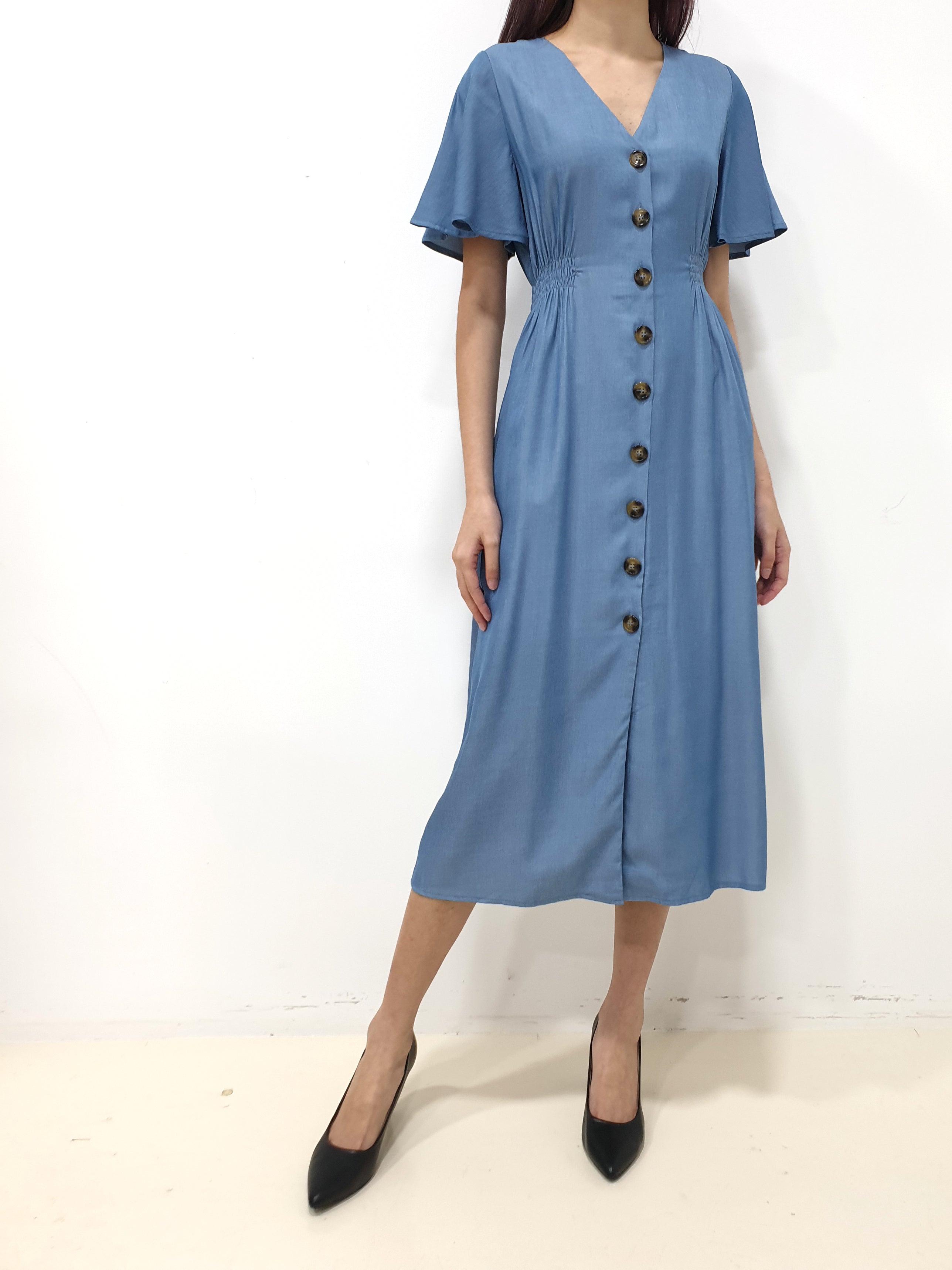 Flutter Sleeve Button Down Dress - Blue (Non-returnable) - Ferlicious