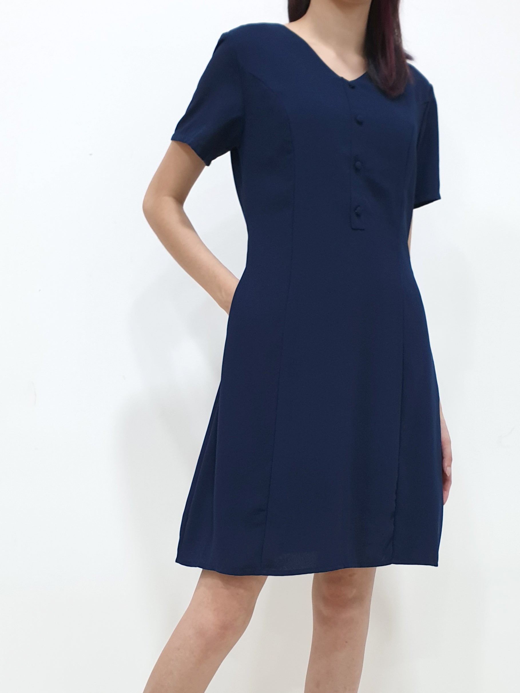 Front Button SS Dress - Navy (Non-returnable) - Ferlicious