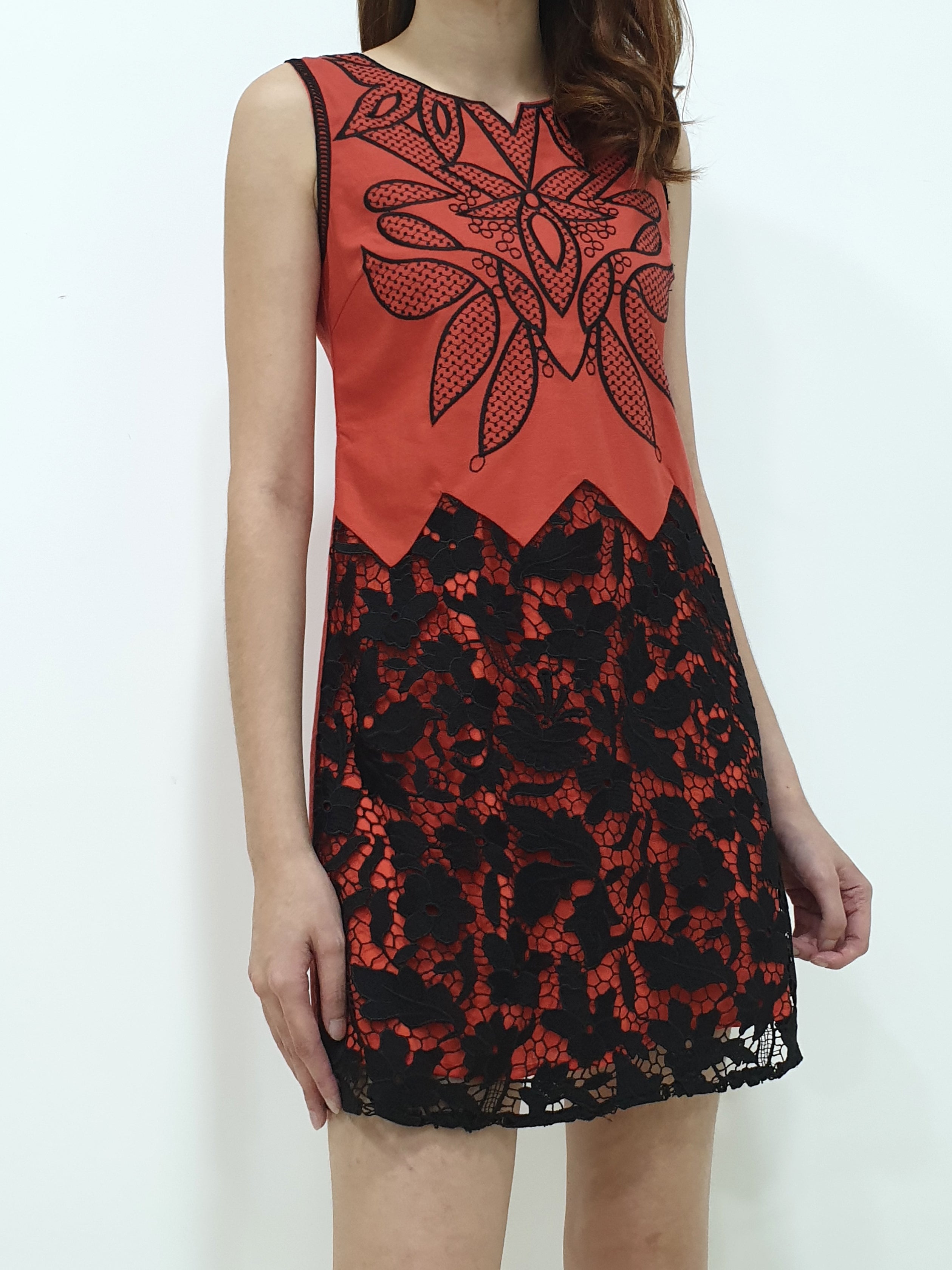 Linen Lace Bottom Dress - Orange (Non-returnable) - Ferlicious