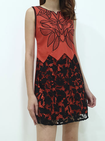 Linen Lace Bottom Dress - Orange (Non-returnable) - Ferlicious