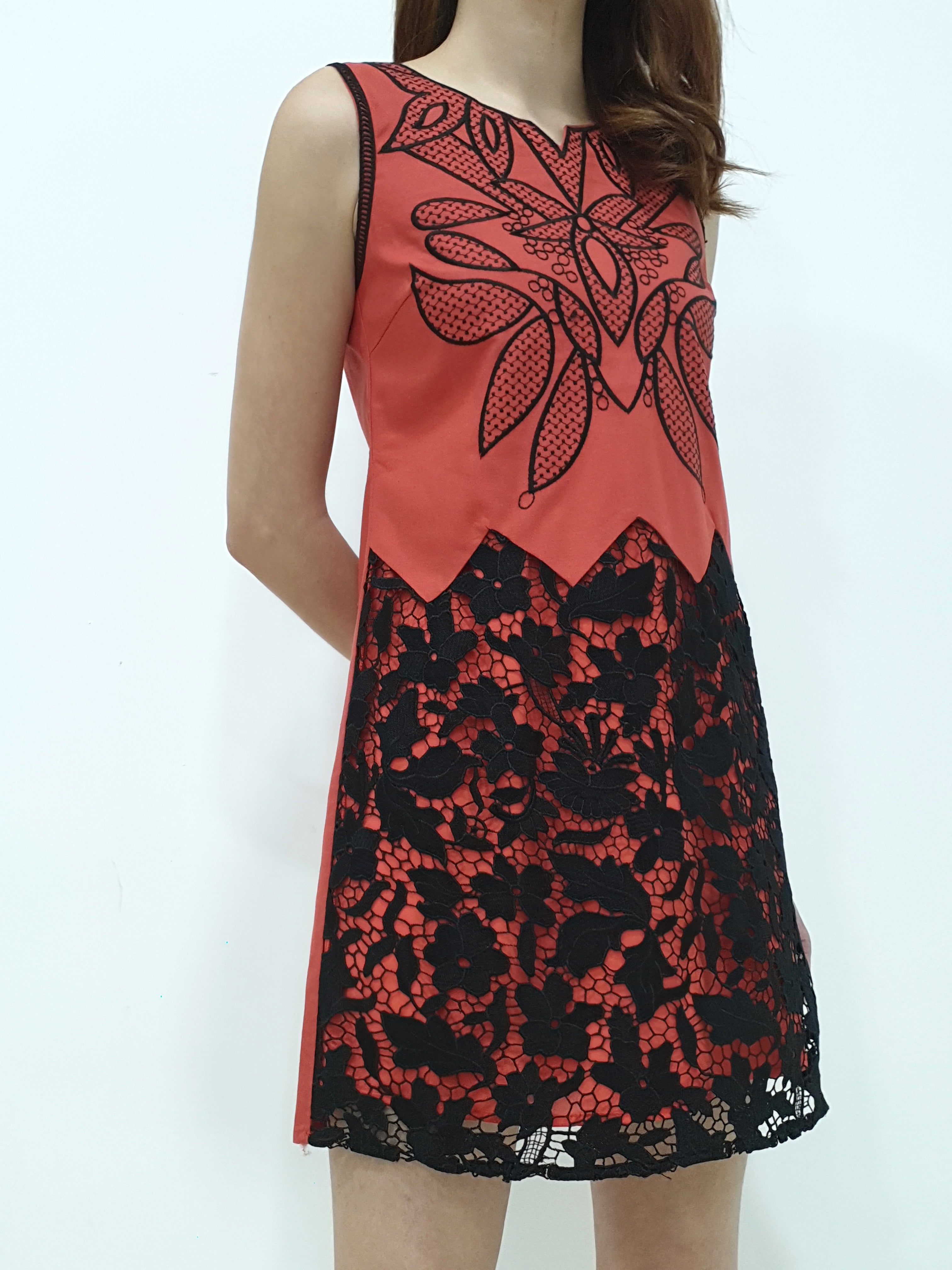 Linen Lace Bottom Dress - Orange (Non-returnable) - Ferlicious