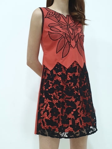 Linen Lace Bottom Dress - Orange (Non-returnable) - Ferlicious