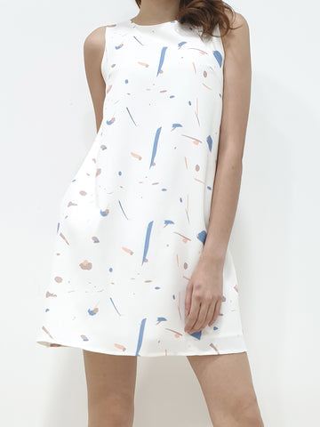 Random Print Trapeze Dress - White (Non-returnable) - Ferlicious