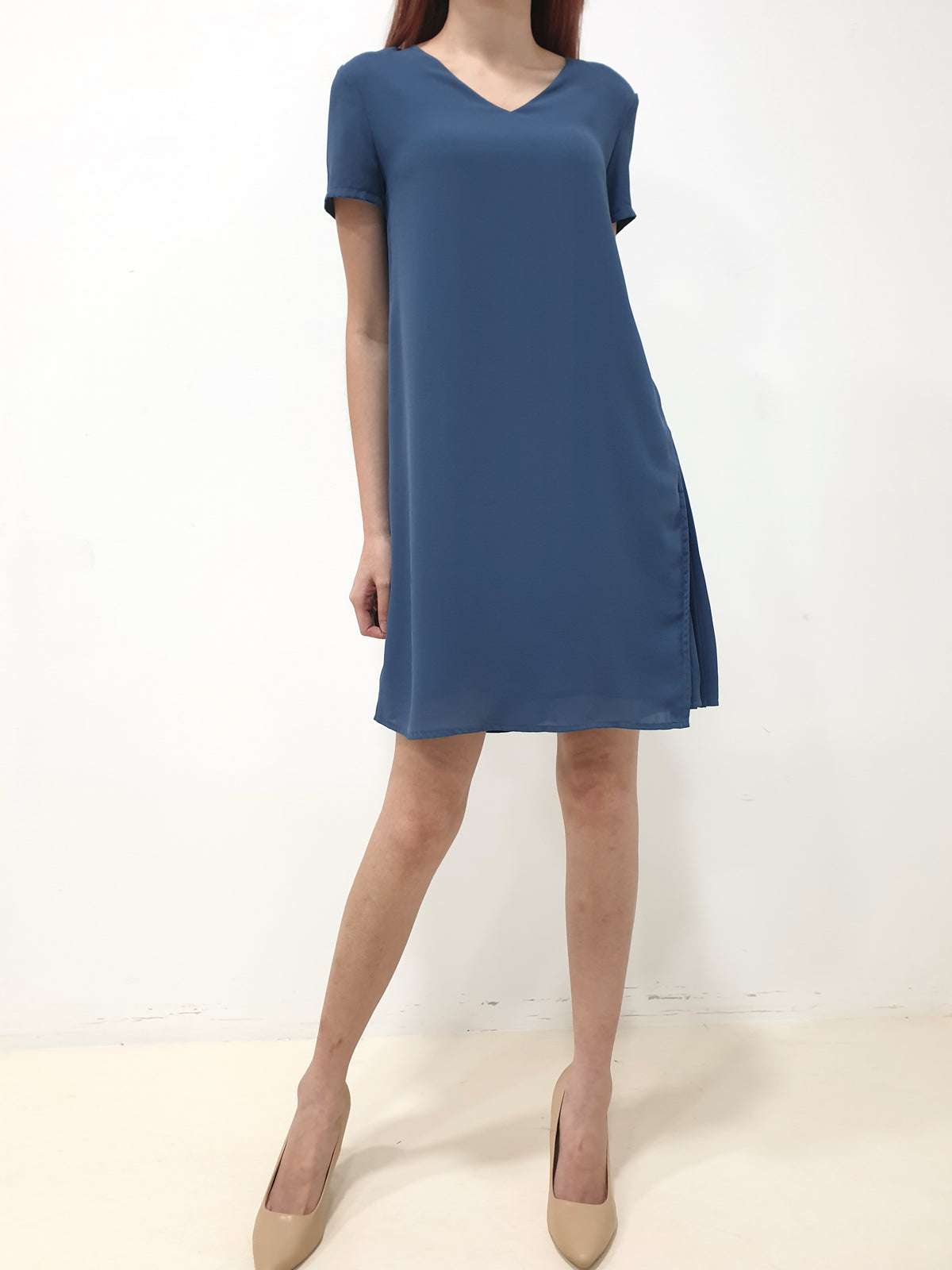 Side Pleated SS Dress - Blue (Non-returnable) - Ferlicious