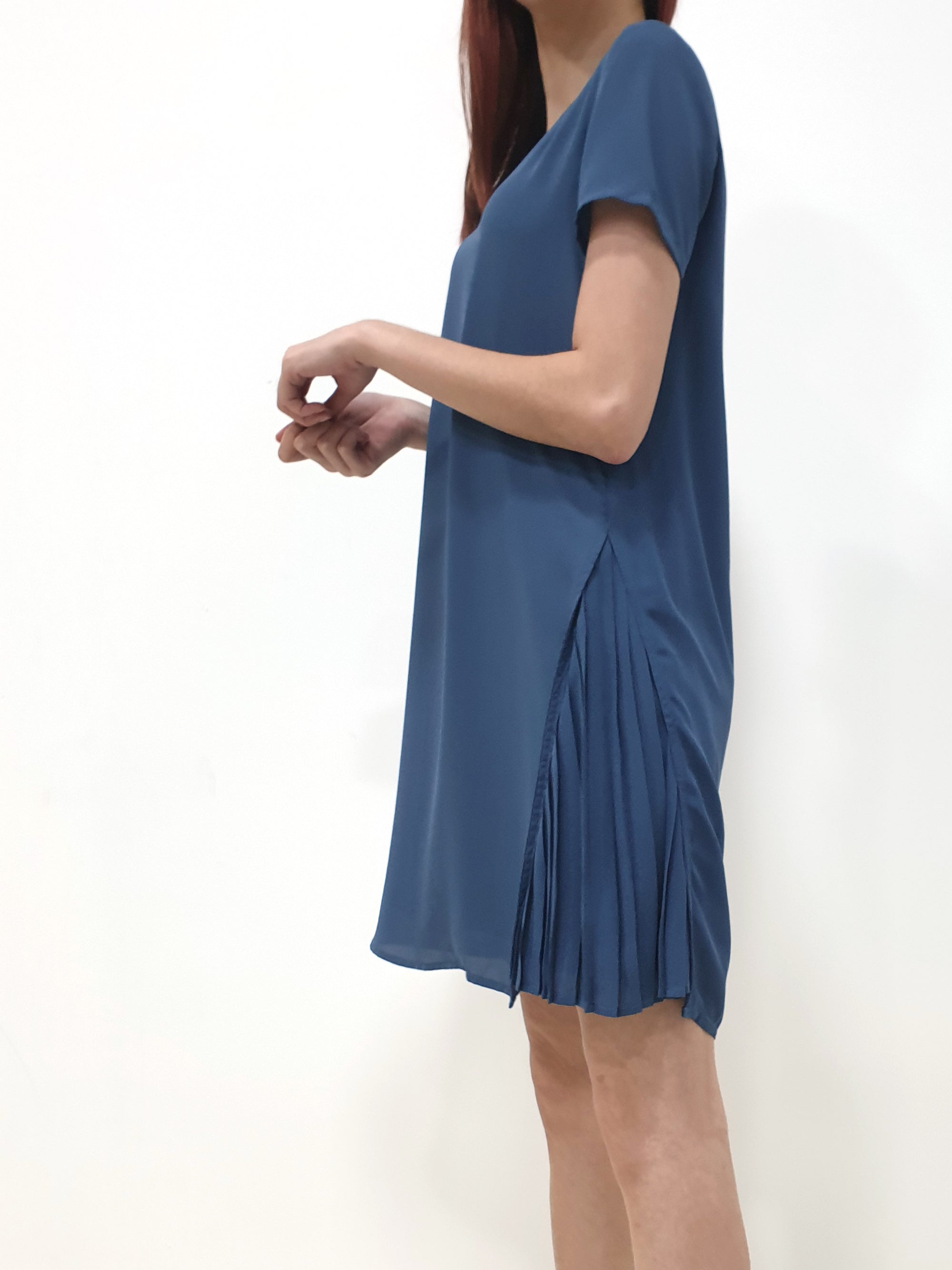 Side Pleated SS Dress - Blue (Non-returnable) - Ferlicious