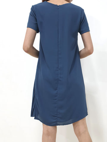 Side Pleated SS Dress - Blue (Non-returnable) - Ferlicious