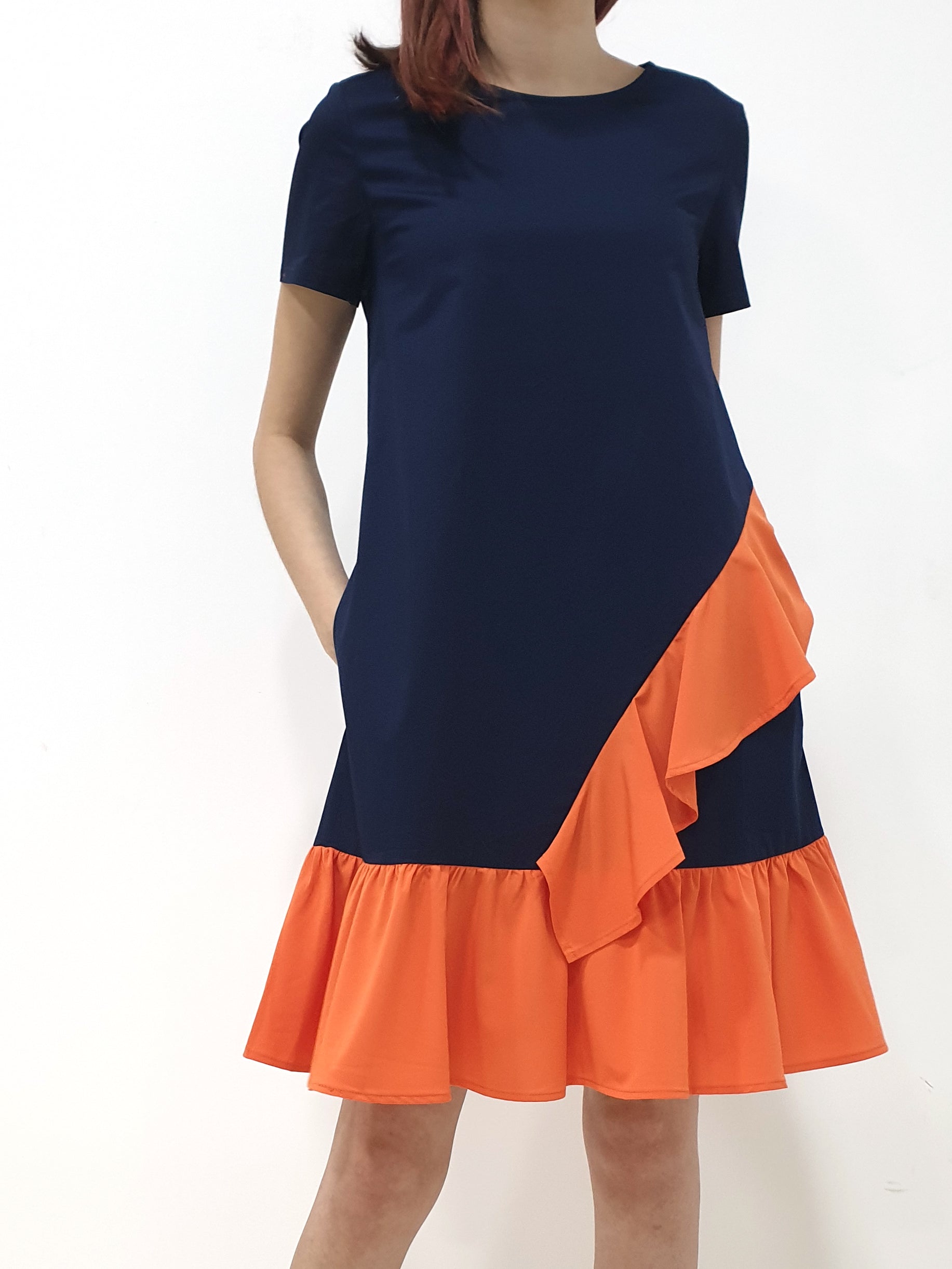 Slanted Waterfall Short Sleeve Dress - Navy (Non-returnable) - Ferlicious