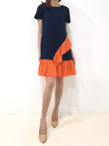 Slanted Waterfall Short Sleeve Dress - Navy (Non-returnable) - Ferlicious