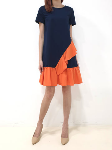 Slanted Waterfall Short Sleeve Dress - Navy (Non-returnable) - Ferlicious