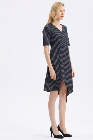 Stripes Sleeved V Neck Dress - Ferlicious