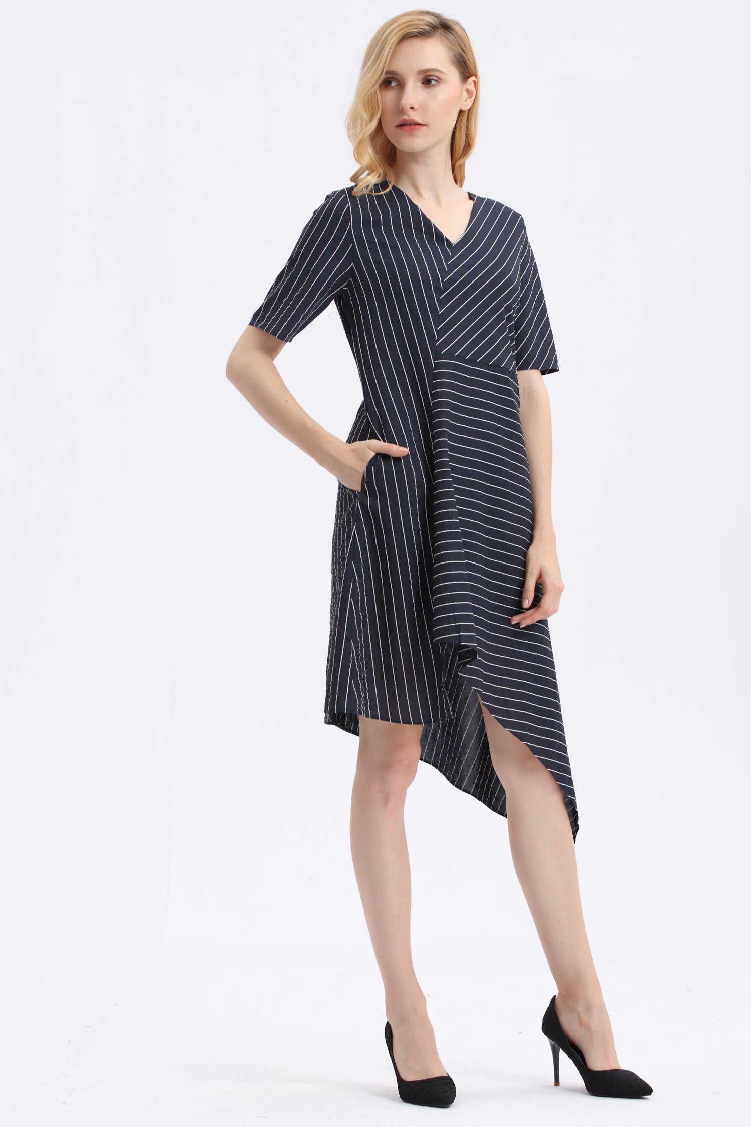 Stripes Sleeved V Neck Dress - Ferlicious