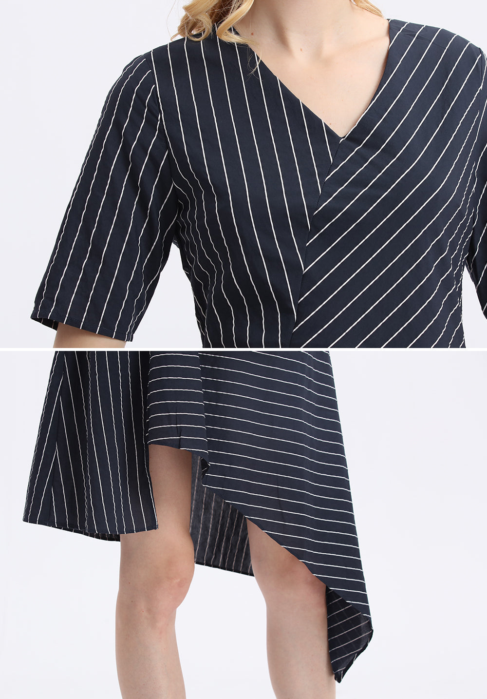 Stripes Sleeved V Neck Dress - Ferlicious