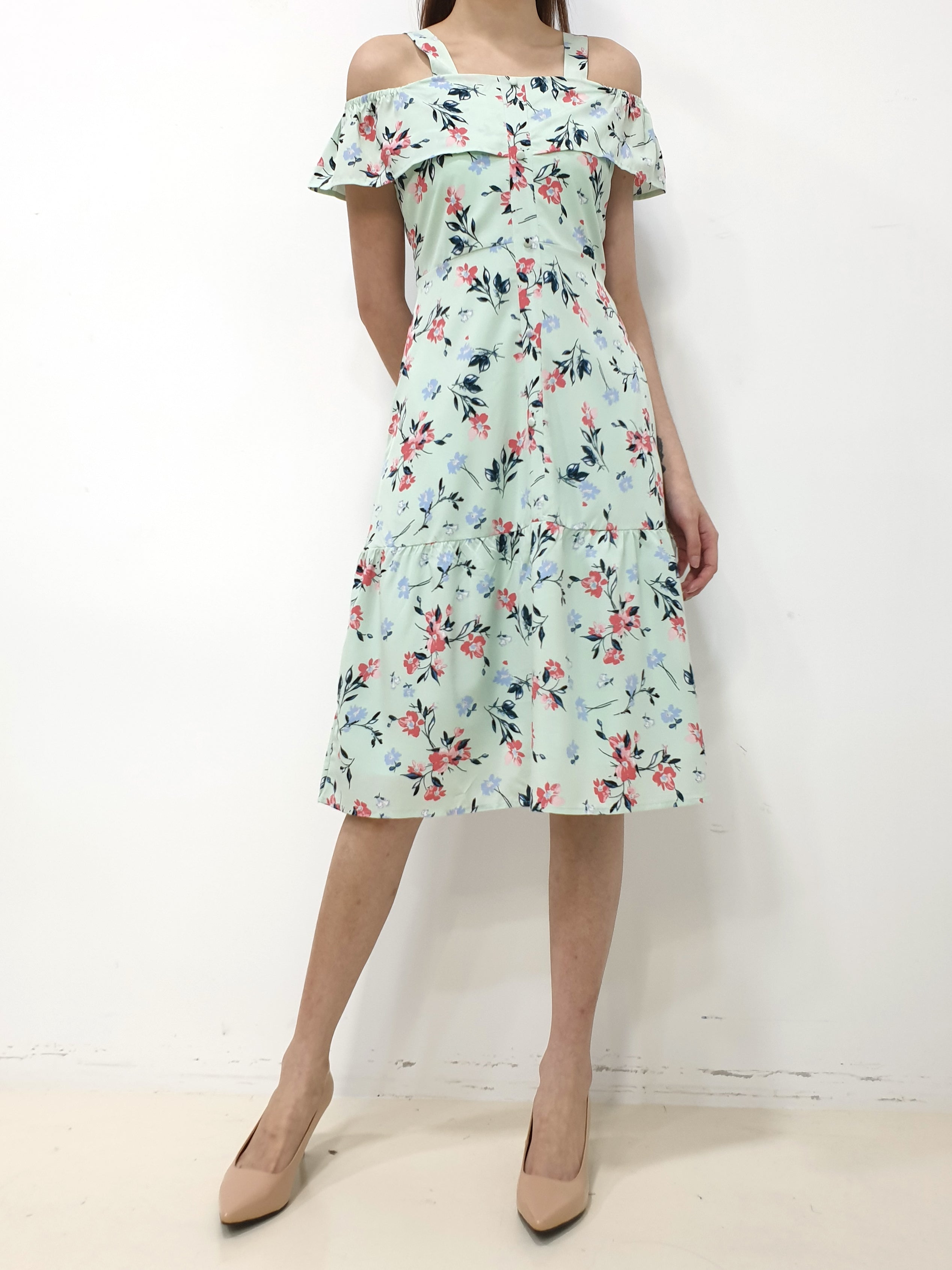 Sweet Story Cold Shoulder Dress - Mint