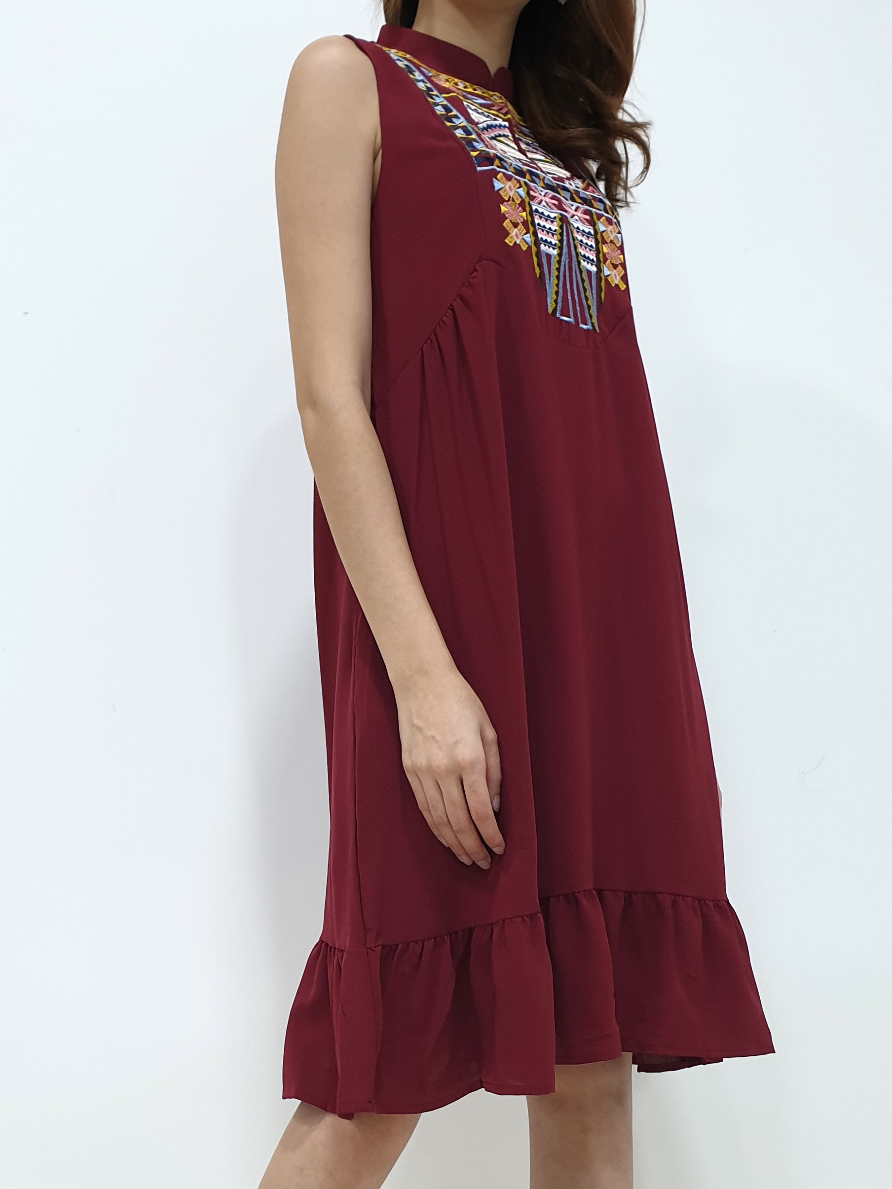 Tribal Embroidery Mandarin Collar Dress - Maroon (Non-returnable) - Ferlicious