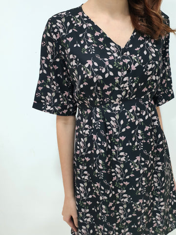 Tulip Print Dress - Black (Non-returnable) - Ferlicious