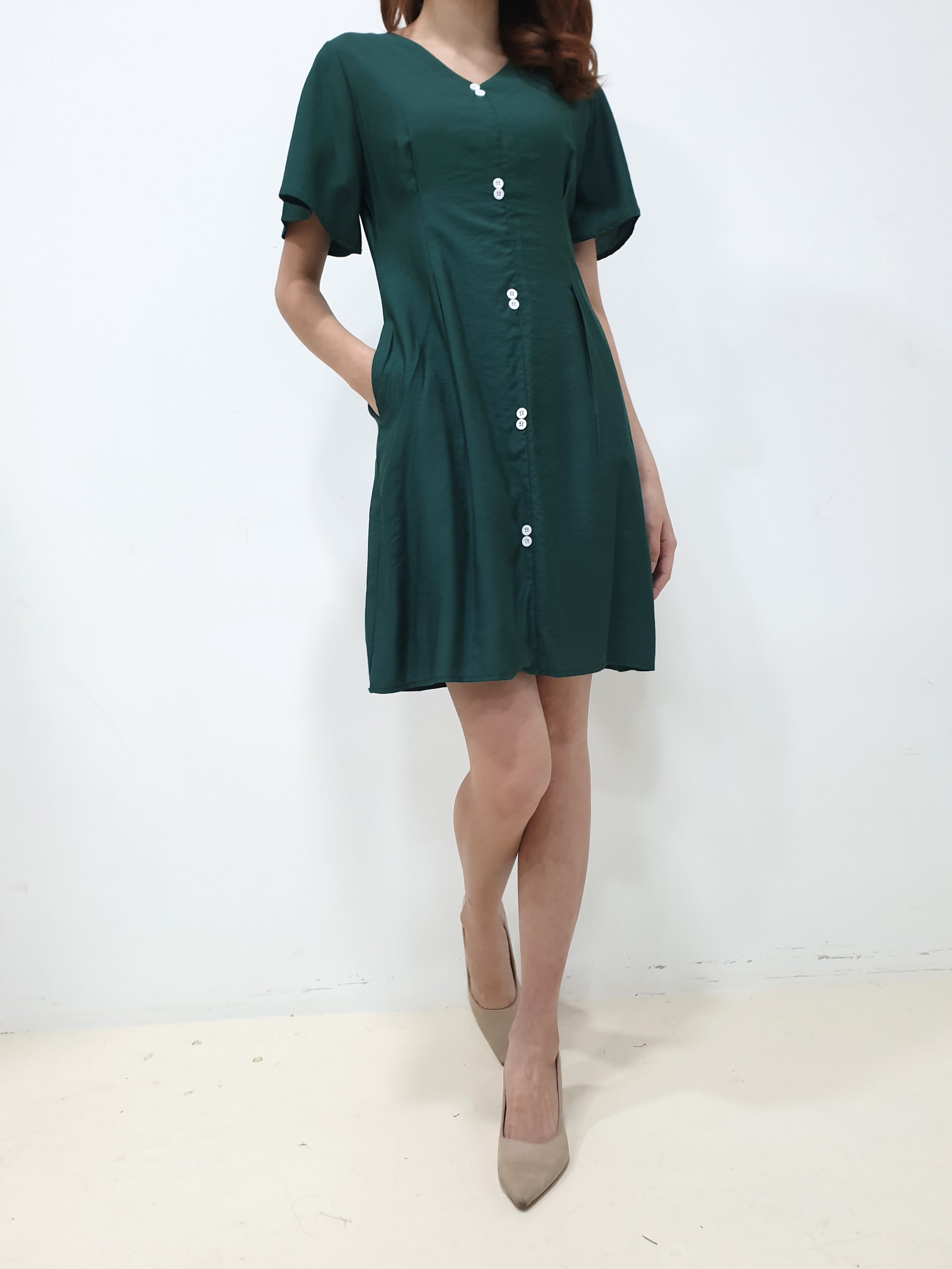 Twin Buttons Sleeved Dress - Green (Non-returnable) - Ferlicious