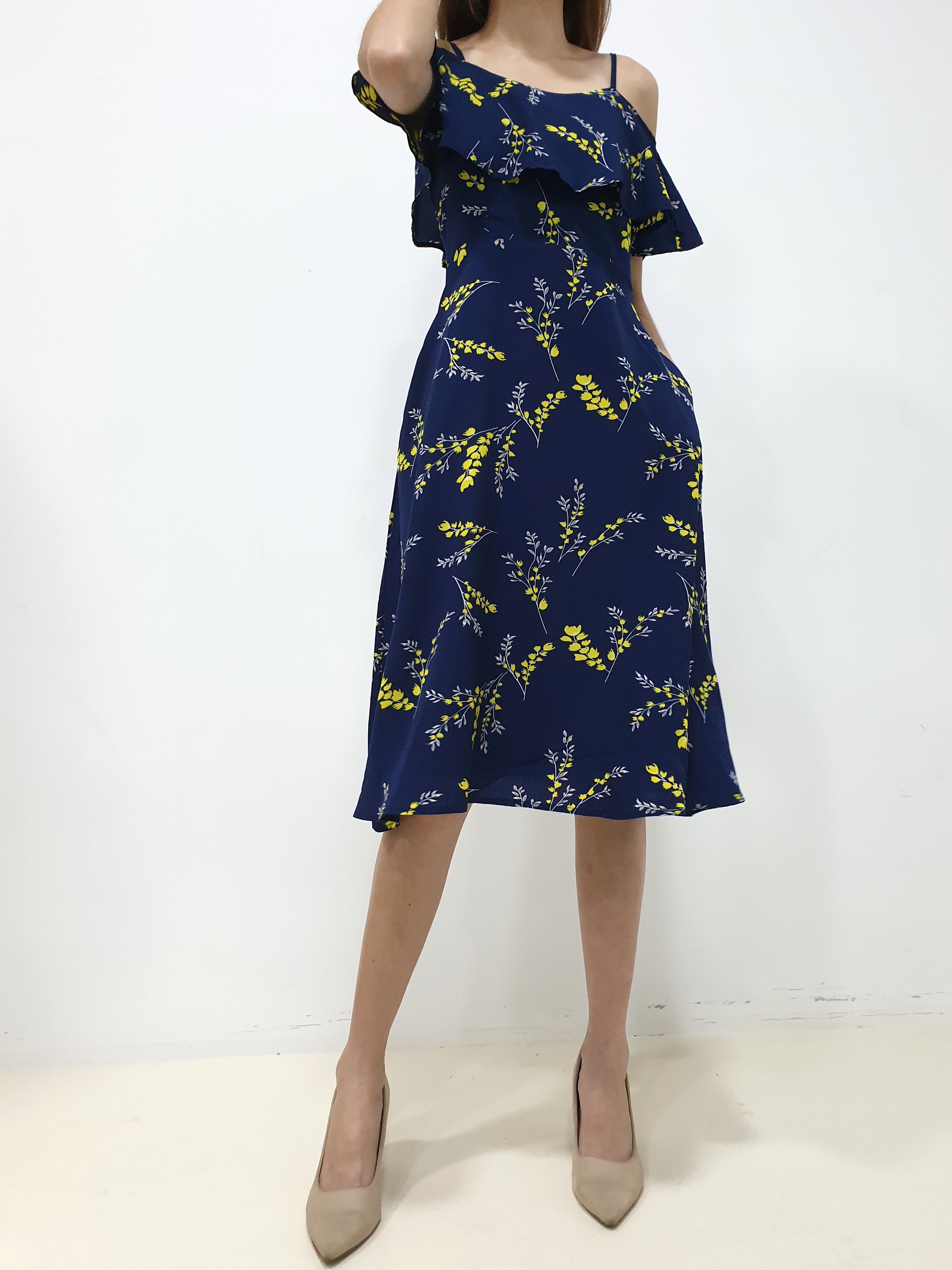 Yellow Print Cold Shoulder Dress - Navy (Non-returnable) - Ferlicious