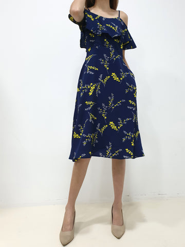 Yellow Print Cold Shoulder Dress - Navy (Non-returnable) - Ferlicious