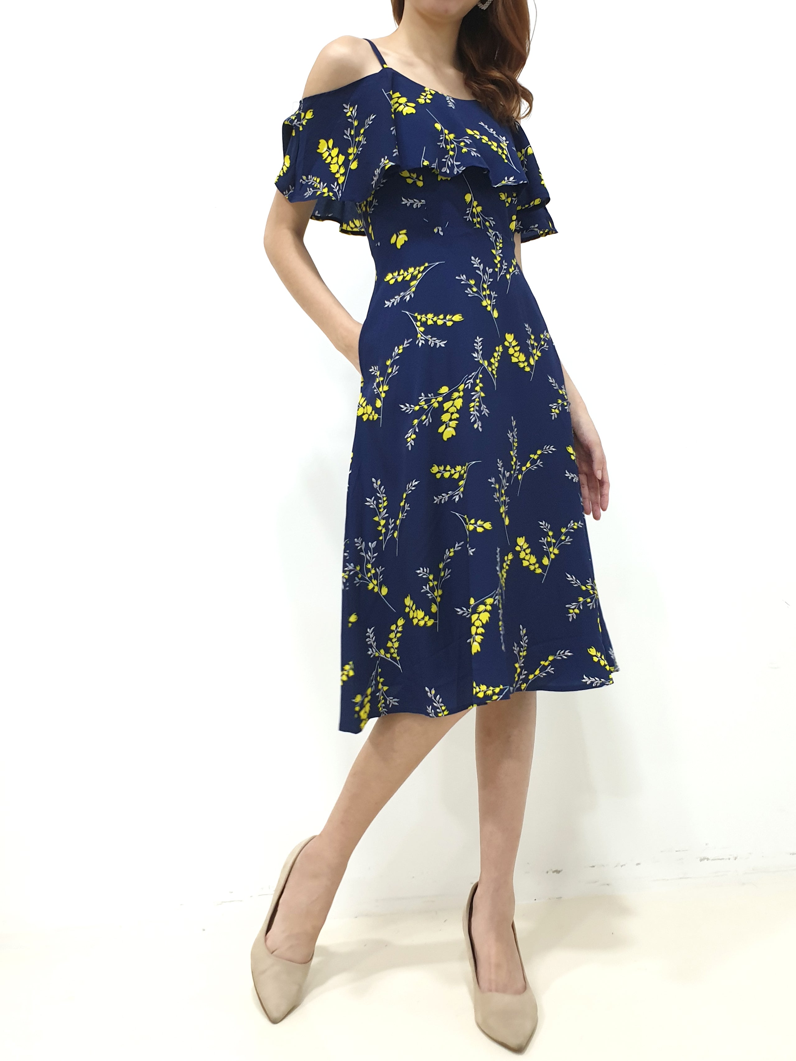 Yellow Print Cold Shoulder Dress - Navy (Non-returnable) - Ferlicious