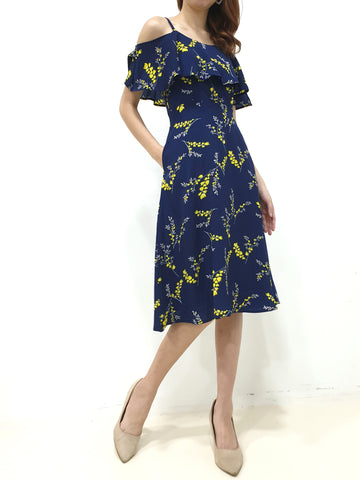 Yellow Print Cold Shoulder Dress - Navy (Non-returnable) - Ferlicious