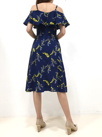 Yellow Print Cold Shoulder Dress - Navy (Non-returnable) - Ferlicious