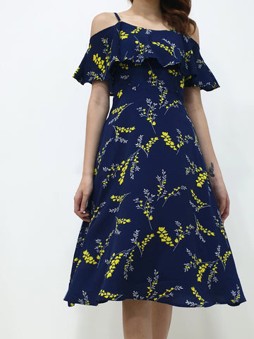 Yellow Print Cold Shoulder Dress - Navy (Non-returnable) - Ferlicious