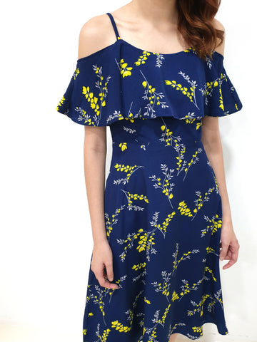Yellow Print Cold Shoulder Dress - Navy (Non-returnable) - Ferlicious