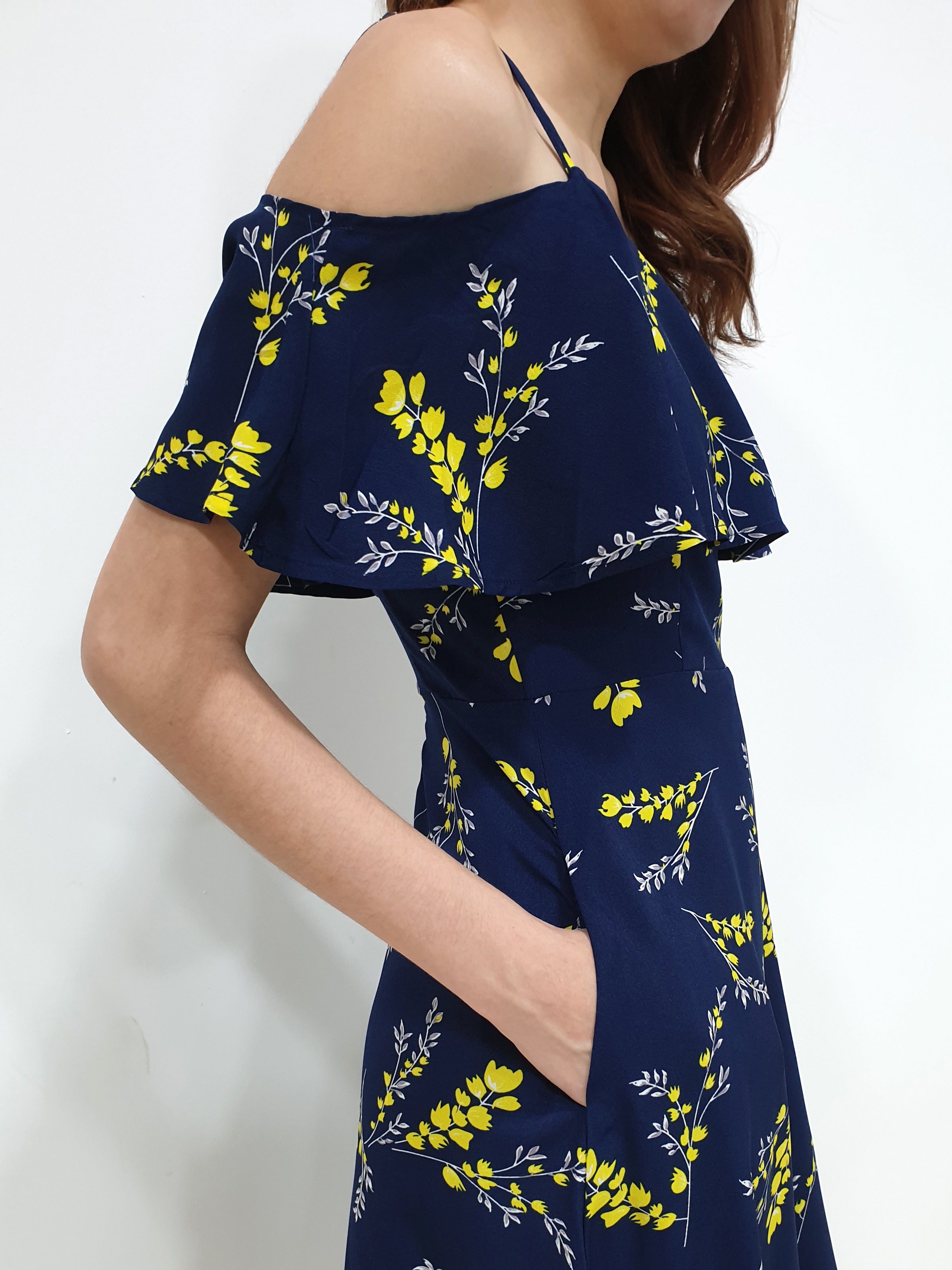Yellow Print Cold Shoulder Dress - Navy (Non-returnable) - Ferlicious
