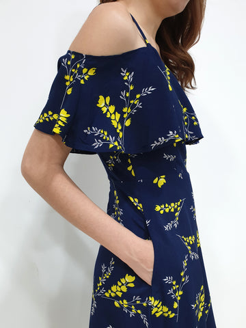 Yellow Print Cold Shoulder Dress - Navy (Non-returnable) - Ferlicious